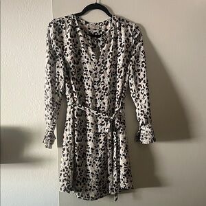 LOFT Long Sleeve Leopard Wrap Dress in Ivory, Black and Tan